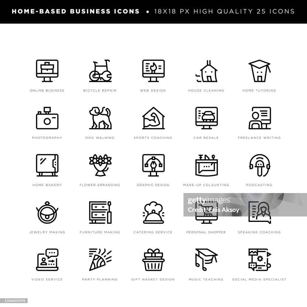 Home-basierte Business-Icons für Online-Business, Fahrradreparatur, Webdesign, Podcasting, Hom Bäckerei, Blumenarrangement etc.