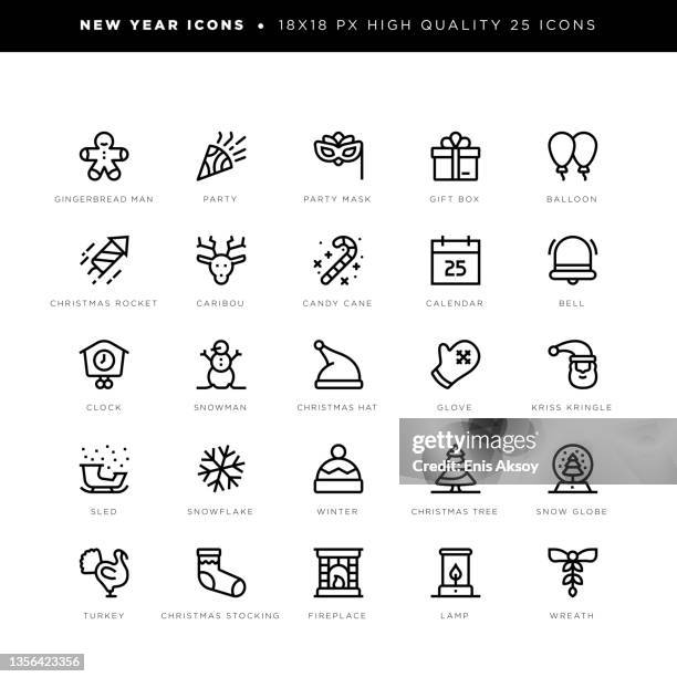 new year icons for christmas, kriss kringle, gift box, gingerbread man, fireplace, christmas tree etc. - santa hat icon stock illustrations