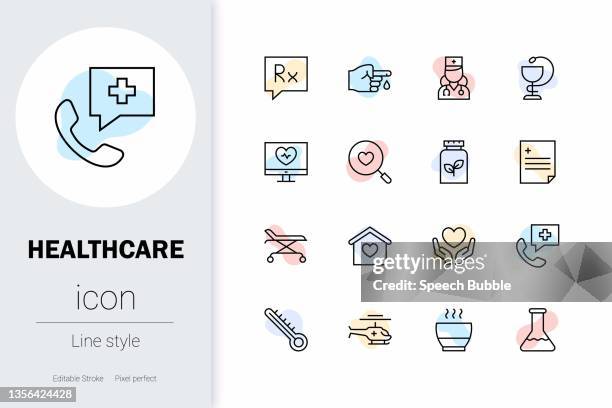 gesundheitswesen, dünne linie vektor-icon-set. - doctor speech bubble stock-grafiken, -clipart, -cartoons und -symbole