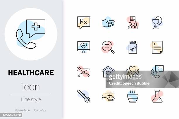 healthcare, thin line vector icon set. - bathroom cabinet stock illustrations