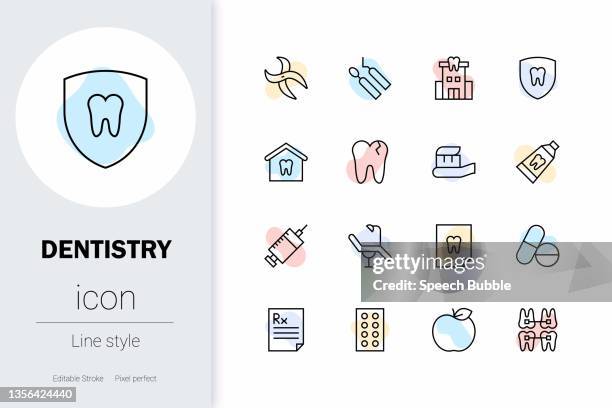 dentistry, thin line vector icon set. - dentist computer stock illustrations