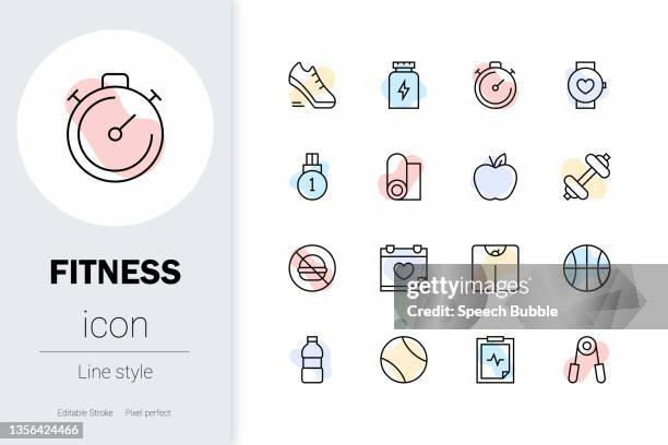 ilustraciones, imágenes clip art, dibujos animados e iconos de stock de fitness, conjunto de iconos vectoriales de línea delgada. - barra de cereal