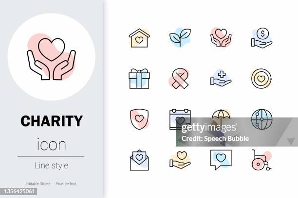 ilustraciones, imágenes clip art, dibujos animados e iconos de stock de caridad, conjunto de iconos vectoriales de línea delgada. - símbolo conceptual