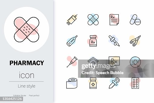 Pharmacy, thin line vector icon set. Pharmacy, thin line vector icon set.