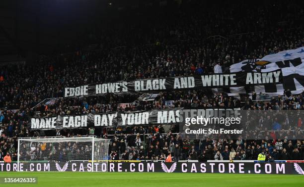 General view inside the stadium as the fans of Newcastle United display a banner is support of Eddie Howe, Manager of Newcastle United during the...