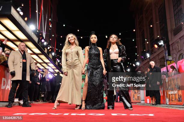 Perrie Edwards, Leigh-Anne Pinnock and Jade Thirlwall of Little Mix attend the "Boxing Day" World Premiere at The Curzon Mayfair on November 30, 2021...