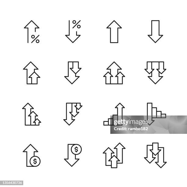 illustrazioni stock, clip art, cartoni animati e icone di tendenza di aumentare e diminuire le icone di linea. tratto modificabile, contiene icone come freccia, grafico, diagramma, finanza ed economia, direzione, grafico, crescita, tasso di interesse, investimento, prestazioni, pianificazione, condivisione, dati di borsa, su - arrow upward