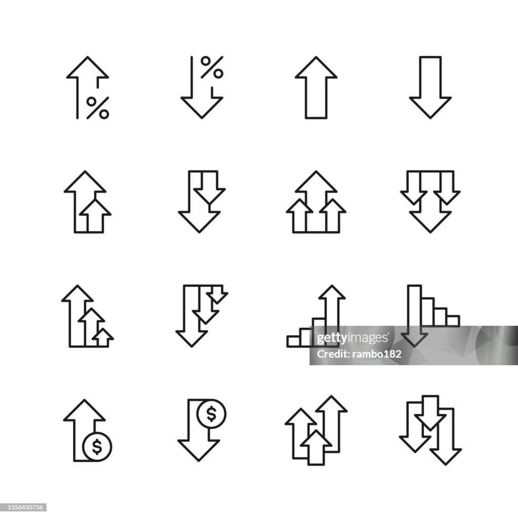 Increase and Decrease Line Icons. Editable Stroke, Contains such icons as Arrow, Chart, Diagram, Finance and Economy, Direction, Graph, Growth, Interest Rate, Investment, Performance, Planning, Sharing, Stock Market Data, Success, Traffic.