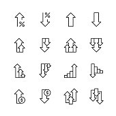 Increase and Decrease Line Icons. Editable Stroke, Contains such icons as Arrow, Chart, Diagram, Finance and Economy, Direction, Graph, Growth, Interest Rate, Investment, Performance, Planning, Sharing, Stock Market Data, Success, Traffic.