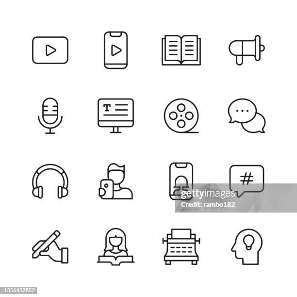 stockillustraties, clipart, cartoons en iconen met storytelling line icons. editable stroke, contains such icons as art, article, audio, book, brand, cinema, marketing, microphone, movie, music, newspaper, photography, play, podcast, text messaging, theatre, typewriter, video, writing, story, tale. - podcasting