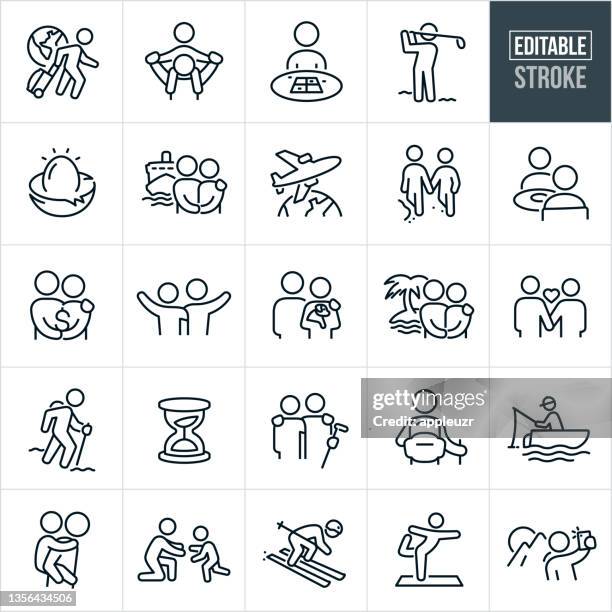 retirement thin line icons - bearbeitbarer strich - friendship stock-grafiken, -clipart, -cartoons und -symbole