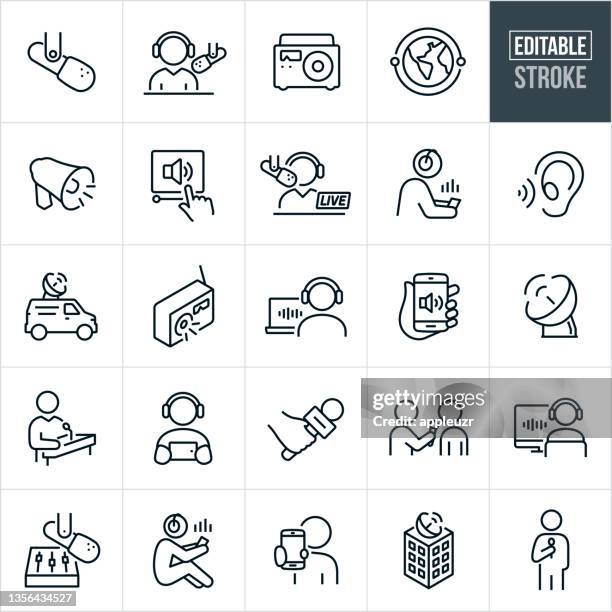radio broadcasting thin line icons - editable stroke - commentator stock illustrations