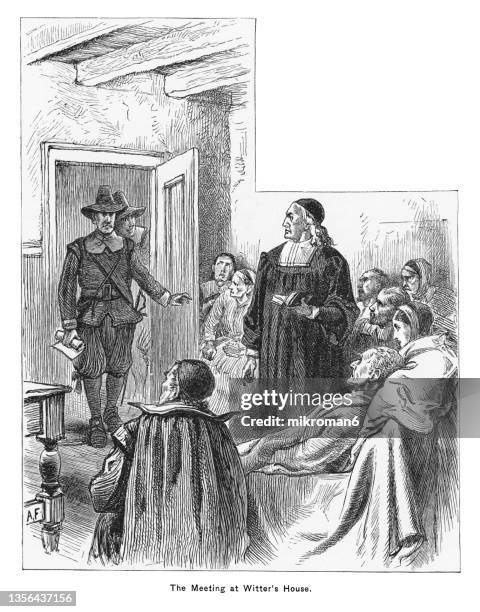 old engraved illustration of the meeting at witter's house - massachusetts conference for women stock-fotos und bilder