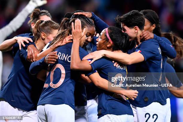 Kadidiatou Diani of France is congratulated by teammates Perle Morroni and Elisa De Almeida after scoring during the FIFA Women's World Cup 2023...