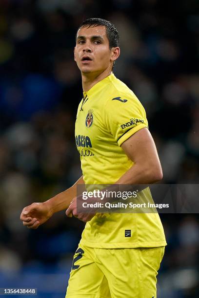 Aissa Mandi of Villarreal CF celebrates after scoring their side's third goal during the Copa del Rey First Round match between Victoria CF and...