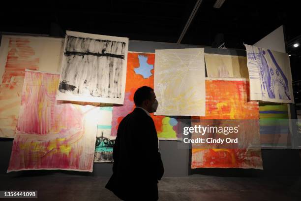 View of mixed media on canvas by Vivian Suter presented by Gladstone Gallery at the Art Basel Miami Beach VIP Preview 2021 at Miami Beach Convention...