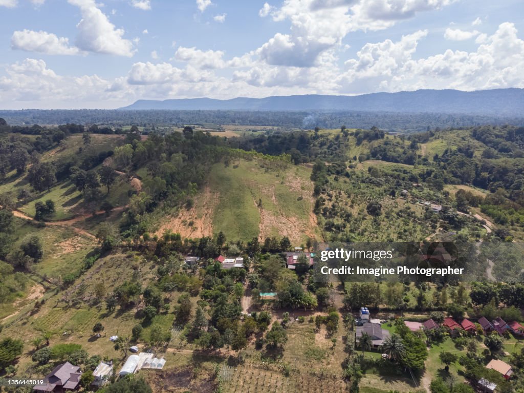 Aerial view, Mountain view and corn fields Wang Nam Khiao district.