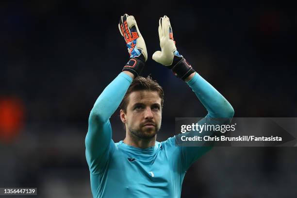 Tim Krul of Norwich City applauds the supporters following the Premier League match between Newcastle United and Norwich City at St. James Park on...
