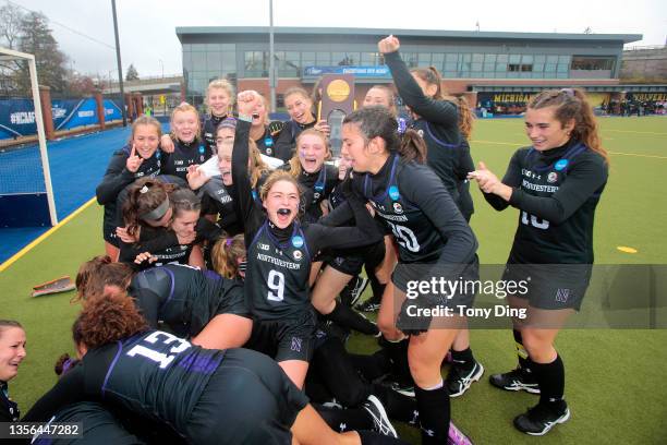 The Northwestern Wildcats celebrate their victory against the Liberty Flames during the Division I Women"u2019s Field Hockey Championship held at...