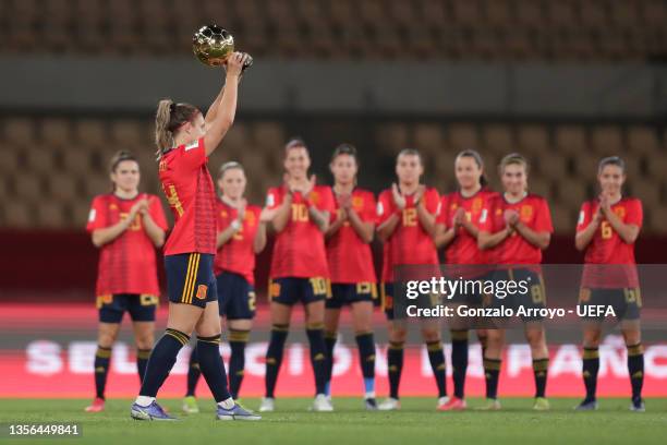 Alexia Putellas of Spain shows her Ballon d Or to the audience prior to start the FIFA Women's World Cup 2023 Qualifier group B match between Spain...