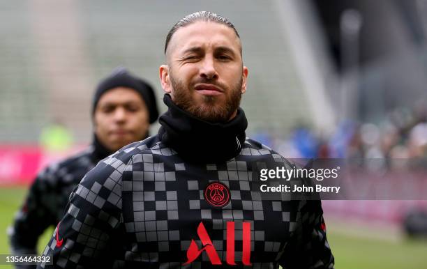 Sergio Ramos of PSG warms up before the Ligue 1 Uber Eats match between AS Saint-Etienne and Paris Saint-Germain at Stade Geoffroy-Guichard on...