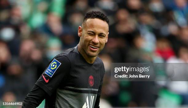 Neymar Jr of PSG celebrates his goal - a goal ultimately denied by the video assistance VAR - during the Ligue 1 Uber Eats match between AS...