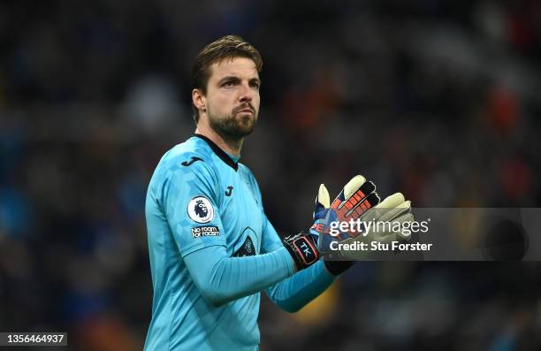 Norwich goalkeeper Tim Krul applauds the Newcastle fans after the Premier League match between Newcastle United and Norwich City at St. James Park on...