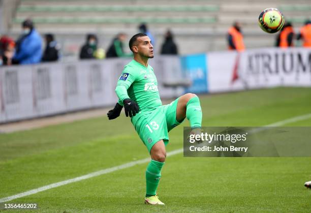 Miguel Trauco of Saint-Etienne during the Ligue 1 Uber Eats match between AS Saint-Etienne and Paris Saint-Germain at Stade Geoffroy-Guichard on...