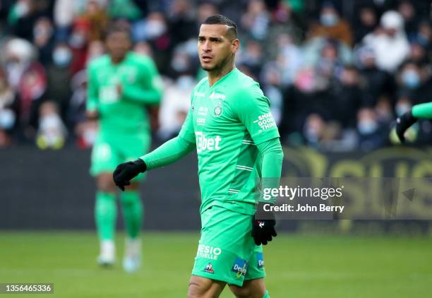 Miguel Trauco of Saint-Etienne during the Ligue 1 Uber Eats match between AS Saint-Etienne and Paris Saint-Germain at Stade Geoffroy-Guichard on...