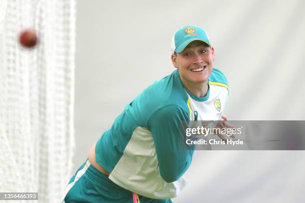 Matt Renshaw bowls during a pre-Ashes training session at National Cricket Centre on December 01, 2021 in Brisbane, Australia.