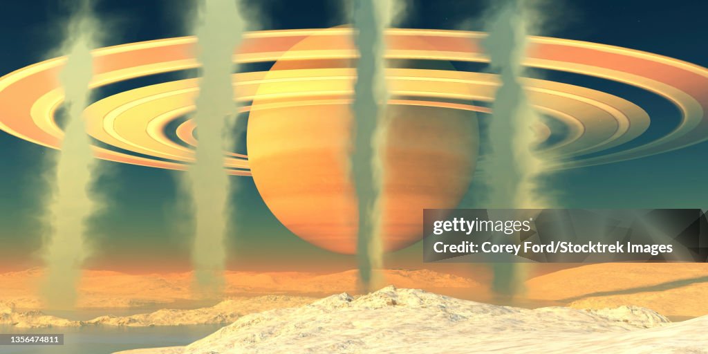 Geysers emit water vapor at the south pole on the moon Enceladus near the planet of Saturn.