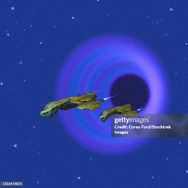 two spacecraft come through a wormhole in space. - hyperspace stock illustrations