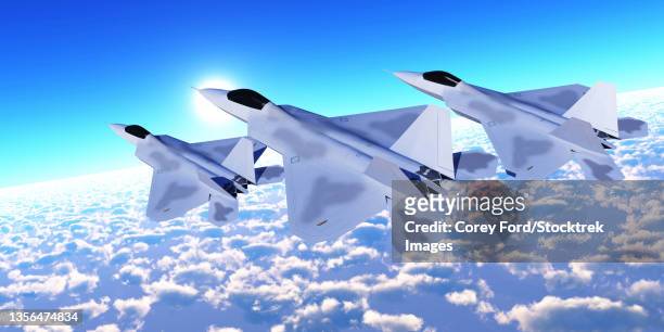 stockillustraties, clipart, cartoons en iconen met illusration of three f-22 fighter jets flying over clouds. - us air force