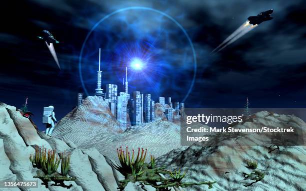 ilustrações de stock, clip art, desenhos animados e ícones de a futuristic human outpost on a distant alien exoplanet. - distant