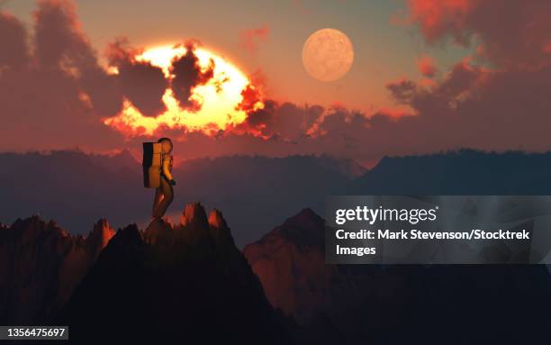 a human astronaut exploring an alien exoplanet. - lonely planet stock illustrations