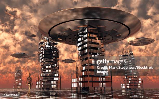 a ufo landing site, either on a futuristic earth or an alien exoplanet. - unexpected stock illustrations