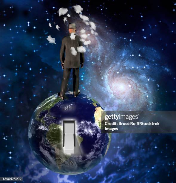switch on the earth. man in suit stands on planet. - light switch stock illustrations