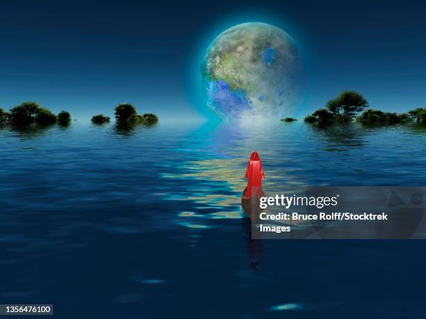 3d rendering of a figure in cloak floats in boat towards terraformed moon. - stranger stock illustrations