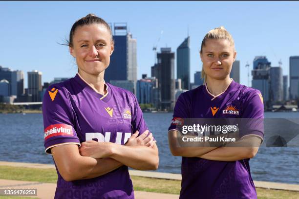 Natasha Rigby and Mie Leth Jans of the Perth Glory pose during an A-League Women media opportunity at the South Perth foreshore on December 01, 2021...