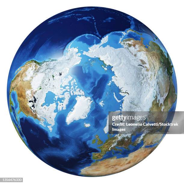 3d illustration of planet earth, centered on the arctic and north pole. - nordhalbkugel stock-grafiken, -clipart, -cartoons und -symbole