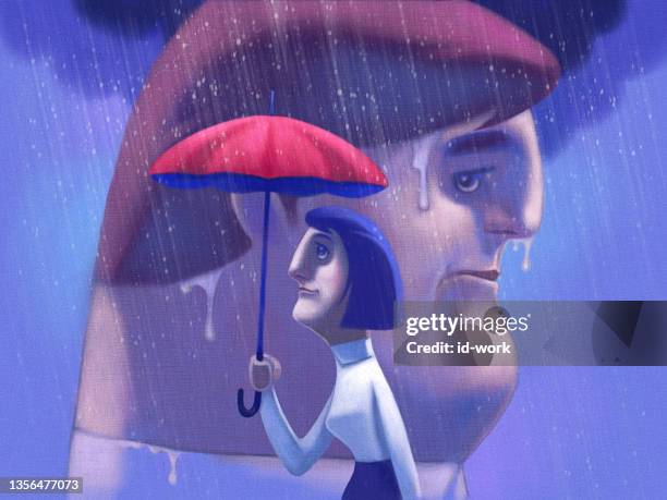woman holding umbrella with sad man behind - broken umbrella stock illustrations