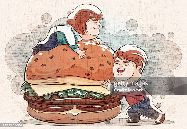 ilustraciones, imágenes clip art, dibujos animados e iconos de stock de niño y niña felices sosteniendo una hamburguesa grande - fat female cartoon characters