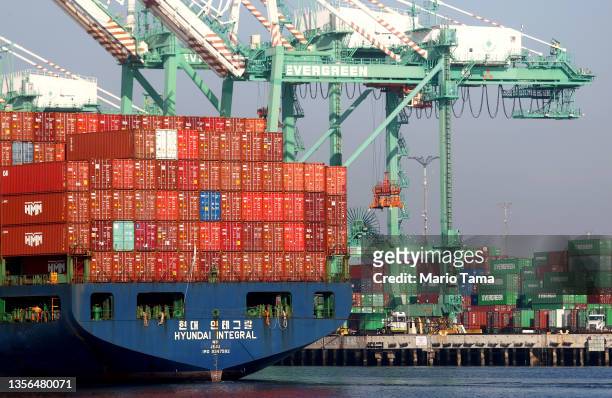 The Hyundai Integral container ship enters the Port of Los Angeles on November 30, 2021 in San Pedro, California. U.S. Secretary of Labor Marty Walsh...
