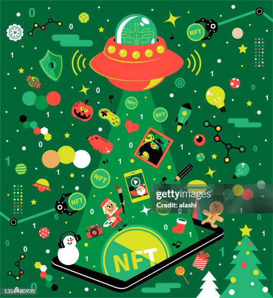 unidentified flying objects (ufo) collecting nft collectibles - christmas movie stock illustrations