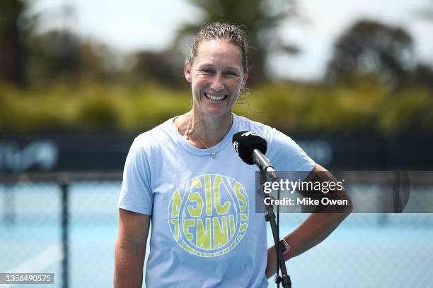 Sam Stosur speaks to the media during a Tennis Australia media opportunity at Melbourne Park on December 01, 2021 in Melbourne, Australia.