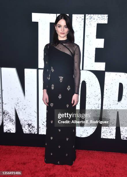 Aisling Franciosi attends the Los Angeles premiere of Netflix's "The Unforgivable" at DGA Theater Complex on November 30, 2021 in Los Angeles,...