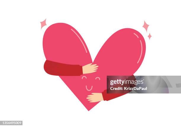 ilustraciones, imágenes clip art, dibujos animados e iconos de stock de corazón abrazado. caridad. amor y cuidado. abrazo de brazo ámate a ti mismo - cariñoso