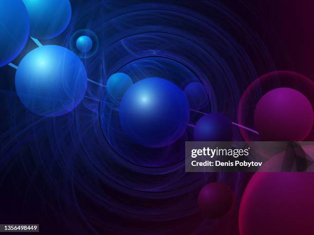 futuristic bright technological 3d illustration - orbiting spheres. - 3d nucleus stock illustrations