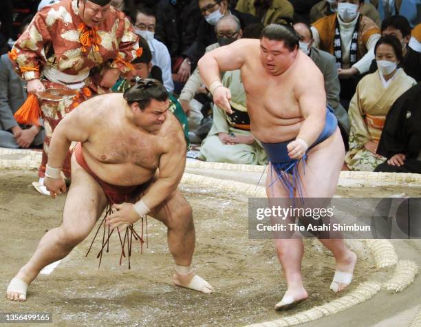 Takayasu and ozeki Shodai compete on day ten of the Grand Sumo Kyushu Tournament at the Fukuoka Convention Center on November 23, 2021 in Fukuoka,...