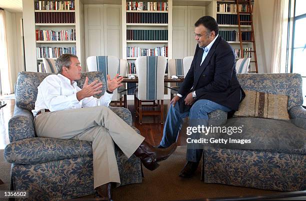 President George W. Bush meets with Prince Bandar bin Sultan, the Saudi Arabian ambassador, August 27, 2002 at Bush's Ranch in Crawford, Texas. Bush...